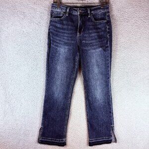 Laurie Felt Daisy Denim Straight Leg Jeans Size 8P Dark Wash Stretch w/ Slit